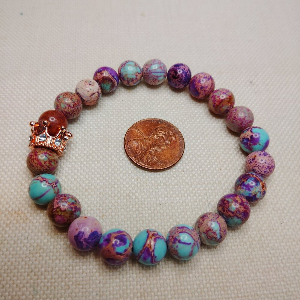 Impression Jasper Stretch Bracelet Purple Aqua Rose Gold Crown Charm